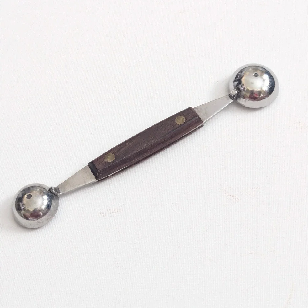 Vintage Double Sided Melon Baller Stainless Wood Handle Sturdy Retro MCM Japan
